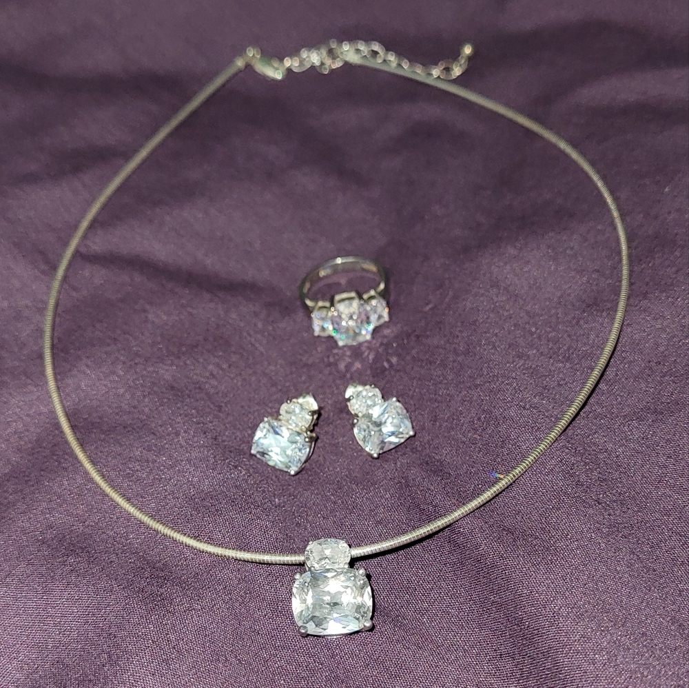 Avon Sterling Silver Radiant CZ Necklace Ring & Earrings Set